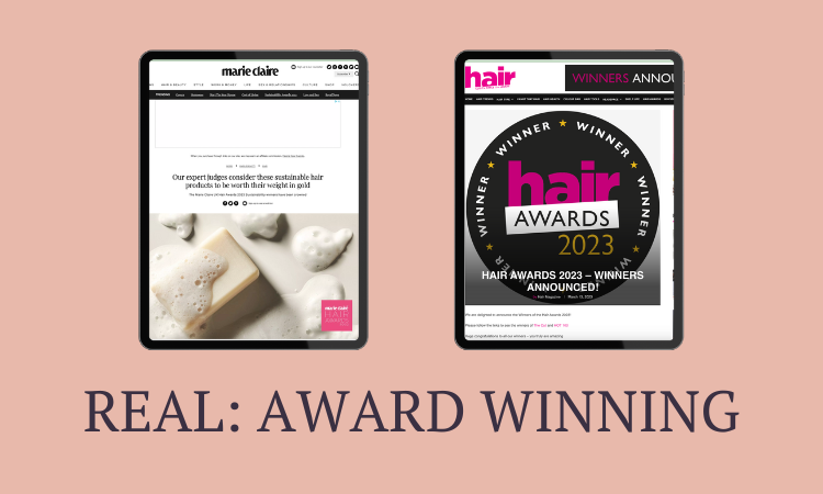 Graphic showing screen shots of Marie Claire Hair Award win and Hair Magazine Hair Award win